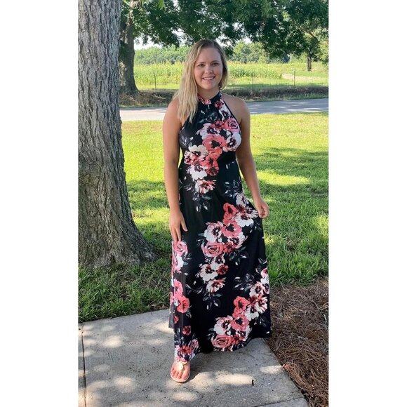 🆕Women  Orange Polyester Floral Halter Neck Maxi Dress Wedding Beach Party 2025 - Picture 2 of 6